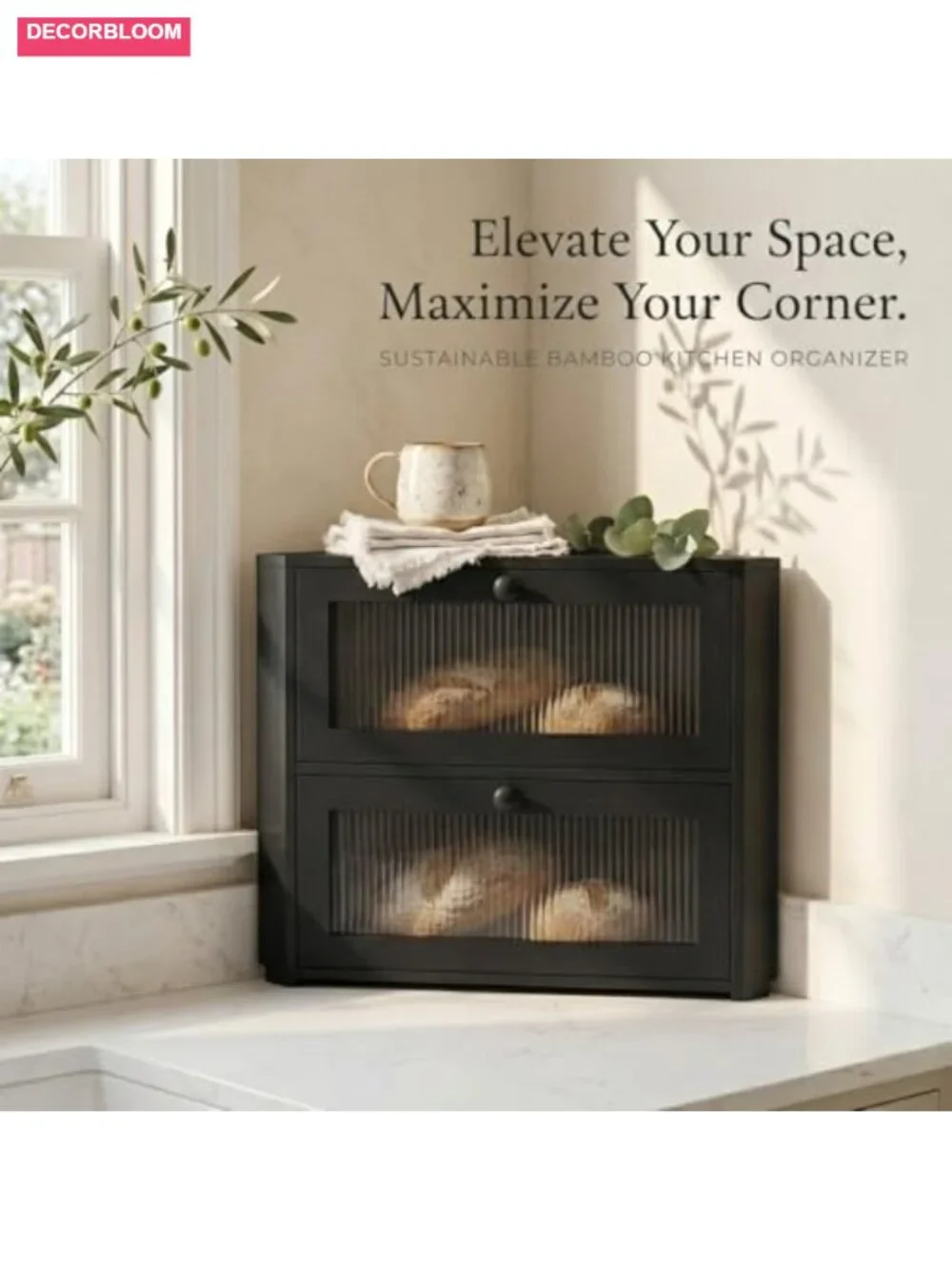 2 Tier Bamboo Corner Bread Box for Kitchen Countertop